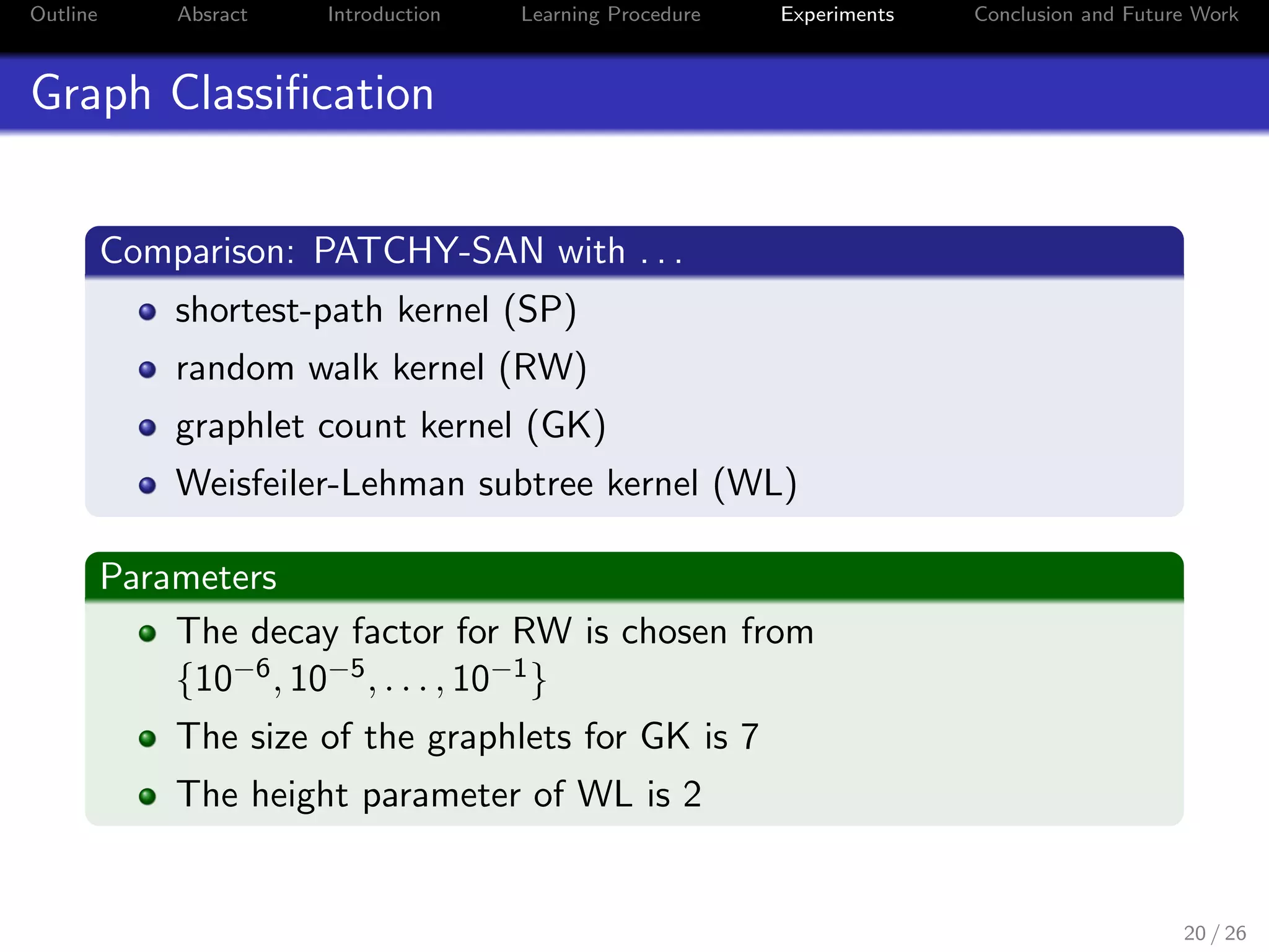 Outline Absract Introduction Learning Procedure Experiments Conclusion and Future Work
Graph Classiﬁcation
Comparison: PATCHY-SAN with . . .
shortest-path kernel (SP)
random walk kernel (RW)
graphlet count kernel (GK)
Weisfeiler-Lehman subtree kernel (WL)
Parameters
The decay factor for RW is chosen from
{10−6, 10−5, . . . , 10−1}
The size of the graphlets for GK is 7
The height parameter of WL is 2
20 / 26
 