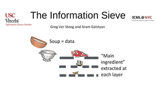The Information Sieve
Greg Ver Steeg and Aram Galstyan
Soup = data
“Main
ingredient”
extracted at
each layer
 