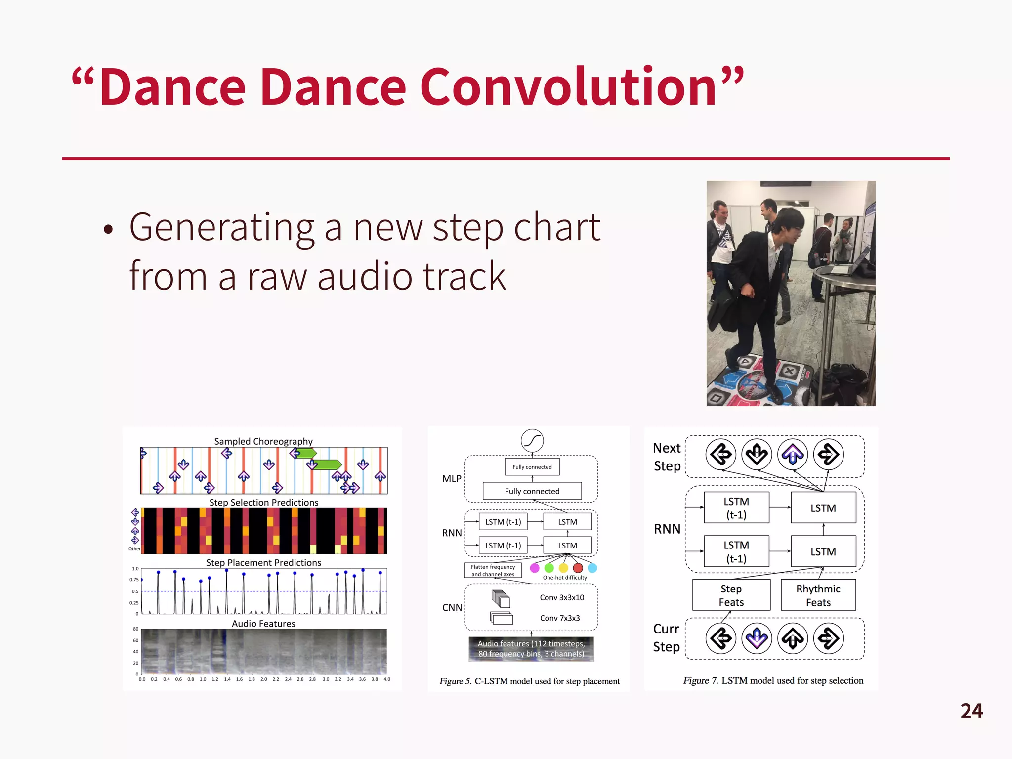 • Generating a new step chart  
from a raw audio track
“Dance Dance Convolution”
24
 
