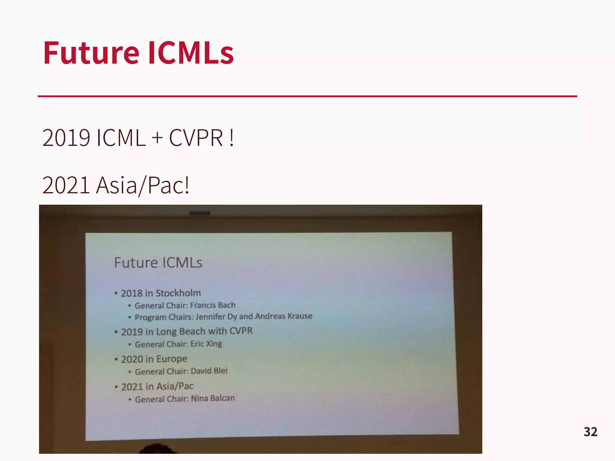 2019 ICML + CVPR !
2021 Asia/Pac!
Future ICMLs
32
 