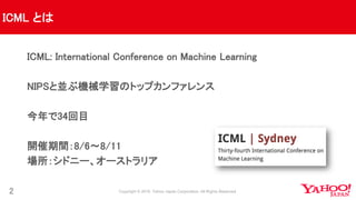 ICML とは
2
ICML: International Conference on Machine Learning
NIPSと並ぶ機械学習のトップカンファレンス
今年で34回目
開催期間：8/6〜8/11
場所：シドニー、オーストラリア
 