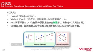VC次元
Risk Bounds for Transferring Representations With and Without Fine-Tuning
24
VC次元：
• ”Vapnik-Cherbonenkis” 。
• Vladimir Vapnik ：VC次元、統計学習、SVM考案者の一人。
• PAC学習が扱っていた有限の仮説集合𝑯を無限とし、それをVC次元とする。
• VC次元とは、仮説集合𝑯に含まれる仮説を細分(shatter)できる点の数。
VC dimension (From Wiki)
VC次元＝３
 