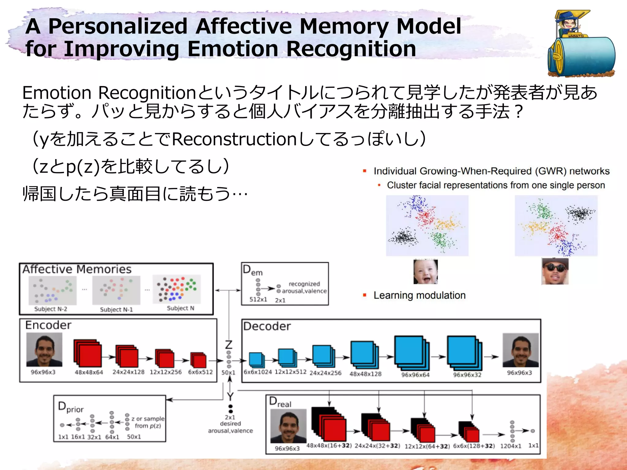 A Personalized Affective Memory Model
for Improving Emotion Recognition
Emotion Recognitionというタイトルにつられて見学したが発表者が見あ
たらず。パッと見からすると個人バイアスを分離抽出する手法？
（yを加えることでReconstructionしてるっぽいし）
（zとp(z)を比較してるし）
帰国したら真面目に読もう…
 