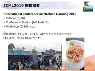 ICML2019 開催概要
International Conference on Machine Learning 2019
・Tutorial (6/10)
・Conference Session (6/11~6/13)
・Workshop (6/14) ←ここ
昼食時のキッチンカーの様子、めっちゃくちゃ混んでます
ロブスタータコスおいしかった
 