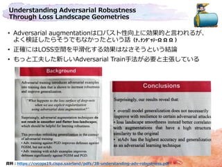 Understanding Adversarial Robustness
Through Loss Landscape Geometries
• Adversarial augmentationはロバスト性向上に効果的と言われるが、
よく検証したらそうでもなかったという話（ﾅ､ﾅﾝﾀﾞｯﾃｰΩ Ω Ω ）
• 正確にはLOSS空間を平滑化する効果はなさそうという結論
• もっと工夫した新しいAdversarial Train手法が必要と主張している
資料：https://cvcops19.cispa.saarland/pdfs/38-understanding-adv-robustness.pdf
 