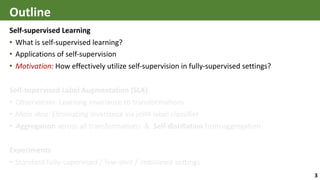 Outline
Self-supervised Learning
• What is self-supervised learning?
• Applications of self-supervision
• Motivation: How ...