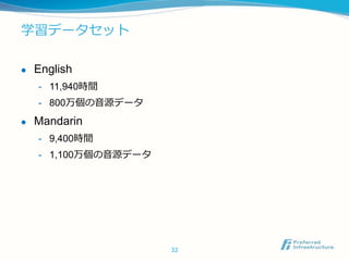 学習データセット
 English
- 11,940時間
- 800万個の音源データ
 Mandarin
- 9,400時間
- 1,100万個の音源データ
32
 