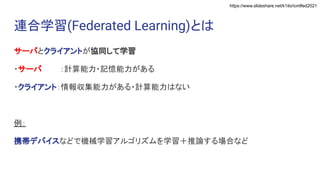 https://www.slideshare.net/k1ito/icmlfed2021
連合学習(Federated Learning)とは
サーバとクライアントが協同して学習
・サーバ　　 ：計算能力・記憶能力がある
・クライアント：情報収集能力がある・計算能力はない
例：
携帯デバイスなどで機械学習アルゴリズムを学習＋推論する場合など
 