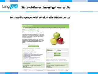 State-of-the-art investigation results
Less used languages with considerable OER resources
 