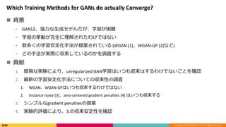 Copyright (C) 2018 DeNA Co.,Ltd. All Rights Reserved.
Which Training Methods for GANs do actually Converge?
? 
? GANϡɥǥѧy
? ѧΒӤȫ⤵줿櫓ǤϤʤ
? यѧַ᰸Ƥ (WGAN [1]WGAN-GP [2]ʤ)
? ɤַgH˅ƤΤ{ˤ
? ؕ
1. פʌgYˤꡢunregularized GANѧϤĤⅧϤ櫓ǤʤȤ_J
2. ¤ѧַˤĤƤ΅Ԥ{
1. WGANWGAN-GPϤĤⅧ櫓ǤϤʤ
2. Instance noise [3]zero-centered gradient penalties [4] ϤĤⅧ
3. ץgradient penalties᰸
4. gYuˤꡢ3.΅Ԥ_J
 