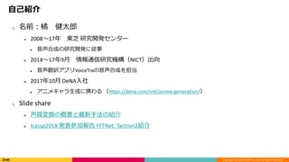 Copyright (C) 2018 DeNA Co.,Ltd. All Rights Reserved.
ԼB
? ǰ ̫
 2008?17 |֥ о_k󥿩`
 ϳɤо_kˏ
 2014?179 ͨоCNICT
 UץVoiceTraϳɤ򵣵
 201710 DeNA
 ˥ᥭɤЯ https://dena.com/intl/anime-generation/
? ݺߣ share
 ʉ任θҪַܽ
 Icassp2018 kμӈ FFTNet, Tactron2B
 