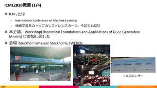 Copyright (C) 2018 DeNA Co.,Ltd. All Rights Reserved.
ICML2018Ҫ (1/4)
? ICMLȤ
? International conference on Machine Learning
? CеѧϵΥȥåץե󥹤һġؤ35Ŀ
? hWorkshop(Theoretical Foundations and Applications of Deep Generative
Models) ˲μӤޤ
?  :Stockholmsmassan Stockholm, SWEDEN
? Stockholmsm?ssan, Stockholm SWEDEN
ʥݥ󥵩`
 