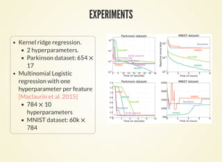 CONCLUSION
Hyperparameter optimization with inexact gradient:
can update hyperparameters before model parameters
have fully converged.
independent of inner optimization algorithm.
convergence guarantees under smoothness
assumptions.
Open questions.
Non-smooth inner optimization (e.g. sparse models)?
Stochastic / online approximation?
 