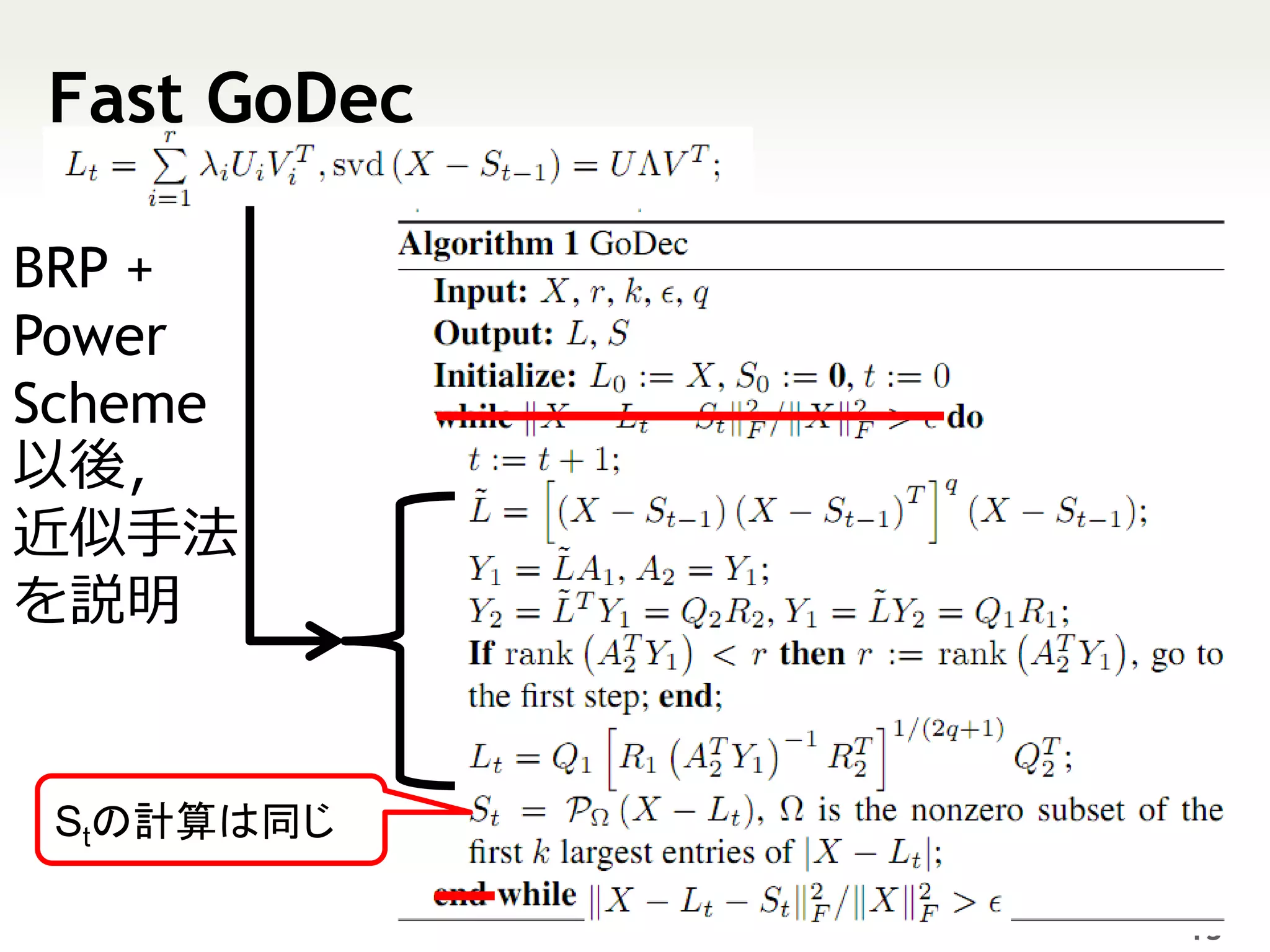 Fast GoDec

BRP +
Power
Scheme
以後，
近似手法
を説明


 Stの計算は同じ

             13
 