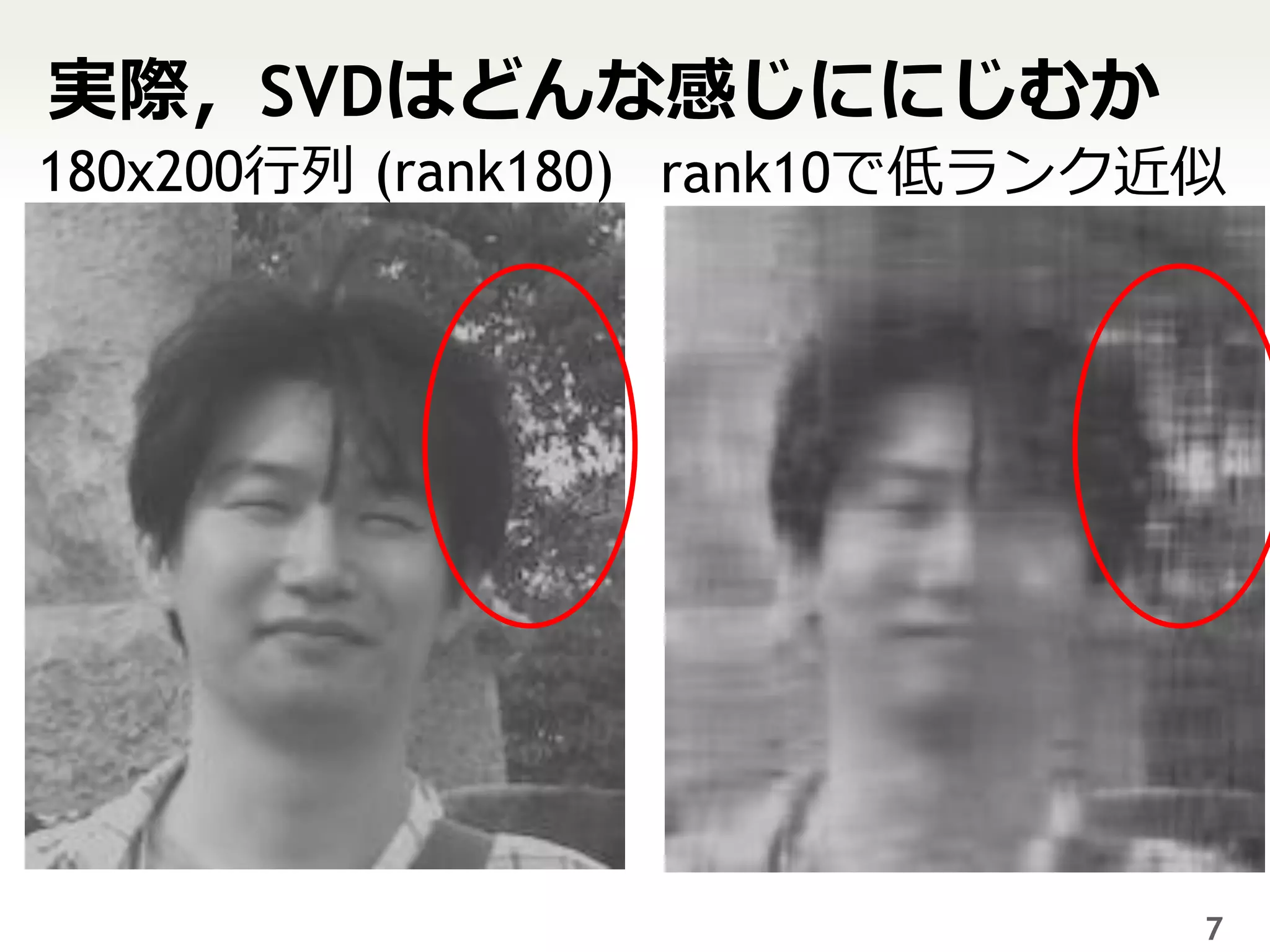 実際，SVDはどんな感じににじむか
180x200行列 (rank180) rank10で低ランク近似




                                7
 