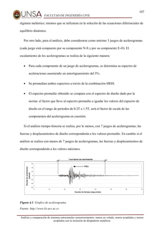 107
FACULTAD DE INGENIERÍA CIVIL
Análisis y comparación de sistemas estructurales sismorresistentes: muros en volado, muros acoplados y muros
acoplados con la inclusión de disipadores metálicos
régimen inelástico; mismos que se utilizaran en la solución de las ecuaciones diferenciales de
equilibrio dinámico.
Por otro lado, para el análisis, debe considerarse como mínimo 3 juegos de acelerogramas
(cada juego está compuesto por su componente N-S y por su componente E-O). El
escalamiento de los acelerogramas se realiza de la siguiente manera:
 Para cada componente de un juego de acelerogramas, se determina su espectro de
aceleraciones asumiendo un amortiguamiento del 5%.
 Se promedian ambos espectros a través de la combinación SRSS.
 El espectro promedio obtenido se compara con el espectro de diseño dado por la
norma: el factor que lleve al espectro promedio a igualar los valores del espectro de
diseño en el rango de periodos de 0.2T a 1.5T, será el factor de escala de las
componentes del acelerograma en cuestión.
Si el análisis tiempo-historia se realiza, por lo menos, con 7 juegos de acelerogramas; las
fuerzas y desplazamientos de diseño corresponderán a los valores promedio. En cambio si el
análisis se realiza con menos de 7 juegos de acelerogramas, las fuerzas y desplazamientos de
diseño corresponderán a los valeres máximos.
Figura 4.1: Grafico de acelerograma.
Fuente: http://www.lis.ucr.ac.cr
 