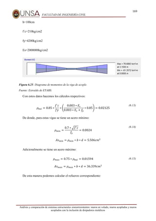 169
FACULTAD DE INGENIERÍA CIVIL
Análisis y comparación de sistemas estructurales sismorresistentes: muros en volado, muros acoplados y muros
acoplados con la inclusión de disipadores metálicos
h=100cm
f´c=210kg/cm2
fy=4200kg/cm2
Es=2000000kg/cm2
Figura 6.25: Diagrama de momentos de la viga de acople.
Fuente: Extraído de ETABS.
Con estos datos hacemos los cálculos respectivos:
𝜌𝑏𝑎𝑙 = 0.85 ∗
𝑓`𝑐
𝑓𝑦
∗ (
0.003 ∗ 𝐸𝑠
0.003 ∗ 𝐸𝑠 + 𝑓
𝑦
∗ 0.85) = 0.02125
(6.13)
De donde, para estas vigas se tiene un acero mínimo:
𝜌𝑚𝑖𝑛 =
0.7 ∗ √𝑓`𝑐
𝑓
𝑦
= 0.0024
(6.14)
𝐴𝑠𝑚𝑖𝑛 = 𝜌𝑚𝑖𝑛 ∗ 𝑏 ∗ 𝑑 = 5.506𝑐𝑚2
Adicionalmente se tiene un acero máximo:
𝜌𝑚𝑎𝑥 = 0.75 ∗ 𝜌𝑏𝑎𝑙 = 0.01594 (6.15)
𝐴𝑠𝑚𝑎𝑥 = 𝜌𝑚𝑎𝑥 ∗ 𝑏 ∗ 𝑑 = 36.339𝑐𝑚2
De esta manera podemos calcular el refuerzo correspondiente:
 