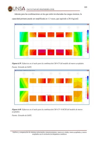 189
FACULTAD DE INGENIERÍA CIVIL
Análisis y comparación de sistemas estructurales sismorresistentes: muros en volado, muros acoplados y muros
acoplados con la inclusión de disipadores metálicos
Además para las combinaciones en las que estén involucradas las cargas sísmicas, la
capacidad portante puede ser amplificada en 1.3 veces, que equivale a 28.6 kg/cm2.
Figura 6.39: Esfuerzos en el suelo para la combinación CM+CV del modelo de muros acoplados.
Fuente: Extraído de SAFE.
Figura 6.40: Esfuerzos en el suelo para la combinación CM+CV+0.8CSX del modelo de muros
acoplados.
Fuente: Extraído de SAFE.
 