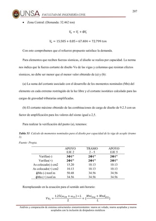 207
FACULTAD DE INGENIERÍA CIVIL
Análisis y comparación de sistemas estructurales sismorresistentes: muros en volado, muros acoplados y muros
acoplados con la inclusión de disipadores metálicos
 Zona Central: (Demanda: 32.462 ton)
𝑉
𝑛 = 𝑉
𝑐 + ∅𝑉
𝑠
𝑉
𝑛 = 15.505 + 0.85 ∗ 67.404 = 72.799⁡𝑡𝑜𝑛
Con esto comprobamos que el refuerzo propuesto satisface la demanda.
Para elementos que reciben fuerzas sísmicas, el diseño se realiza por capacidad. La norma
nos indica que la fuerza cortante de diseño Vu de las vigas y columnas que resistan efectos
sísmicos, no debe ser menor que el menor valor obtenido de (a) y (b):
(a) La suma del cortante asociado con el desarrollo de los momentos nominales (Mn) del
elemento en cada extremo restringido de la luz libre y el cortante isostático calculado para las
cargas de gravedad tributarias amplificadas.
(b) El cortante máximo obtenido de las combinaciones de carga de diseño de 9.2.3 con un
factor de amplificación para los valores del sismo igual a 2,5.
Para realizar la verificación del punto (a), tenemos:
Tabla 53: Calculo de momentos nominales para el diseño por capacidad de la viga de acople (tramo
1).
Fuente: Propia.
APOYO
EJE 2
TRAMO
2 - 5
APOYO
EJE 5
Varillas(-) 3Φ1" 2Φ1" 2Φ1"
Varillas(+) 2Φ1" 2Φ1" 2Φ1"
As colocado(-) cm2 15.20 10.13 10.13
As colocado(+) cm2 10.13 10.13 10.13
ɸMn (-) tonf.m 50.48 34.56 34.56
ɸMn (+) tonf.m 34.56 34.56 34.56
Reemplazando en la ecuación para el sentido anti horario:
𝑉𝑢1 =
1.25(𝜔𝐶𝑀 + 𝜔𝐶𝑉) ∗ 𝐿
2
+ (
𝑀𝑛𝑖𝑛𝑒𝑔 + 𝑀𝑛𝑑𝑝𝑜𝑠
𝐿
)
 