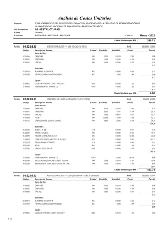 Análisis de Costos Unitarios
Proyecto 2º MEJORAMIENTO DEL SERVICIO DE FORMACIÓN ACADÉMICA DE LA FACULTAD DE ADMINISTRACIÓN DE
LA UNIVERSIDAD NACIONAL DE SAN AGUSTÍN (MUROS ACOPLADOS)
Sub Presupuesto 01 - ESTRUCTURAS
Cliente Usuario
Ubicación AREQUIPA - AREQUIPA - AREQUIPA Costo a : Marzo - 2022
Costo Unitario por M3 : 399.71
Partida 01.02.04.02 ACERO CORRUGADO FY=4200 KG/CM2 EN VIGAS Rend: 280.0000 KG/DIA
Código Descripción Insumo Unidad Cuadrilla Cantidad Precio Parcial
Mano de Obra
47 00006 CAPATAZ HH 0.100 0.0029 27.93 0.08
47 00007 OPERARIO HH 1.000 0.0286 24.29 0.69
47 00008 OFICIAL HH 1.000 0.0286 19.17 0.55
1.32
Materiales
02 00018 ALAMBRE NEGRO N°8 KG 0.0800 6.36 0.51
03 07539 FIERRO CORRUGADO PROMEDIO KG 1.0700 2.49 2.66
3.17
Equipo
37 00902 CIZALLA P/FIERRO CONST. HASTA 1" UND 0.0286 1.55 0.04
37 00004 HERRAMIENTAS MANUALES %MO 5.0000 1.32 0.07
0.11
Costo Unitario por KG : 4.60
Partida 01.02.05.01 CONCRETO EN LOSAS ALIGERADAS F'C=210 KG/CM2 Rend: 23.0000 M3/DIA
Código Descripción Insumo Unidad Cuadrilla Cantidad Precio Parcial
Mano de Obra
47 00006 CAPATAZ HH 0.300 0.1043 27.93 2.91
47 00007 OPERARIO HH 3.000 1.0435 24.29 25.35
47 00008 OFICIAL HH 2.000 0.6957 19.17 13.34
47 00009 PEON HH 12.000 4.1739 17.33 72.33
47 00112 OPERADOR DE EQUIPO LIVIANO HH 3.000 1.0435 24.29 25.35
139.28
Materiales
01 07535 ACEITE M.300 GLN 0.0040 49.51 0.20
05 00039 ARENA GRUESA M3 0.4700 29.66 13.94
05 00099 PIEDRA CHANCADA DE 1/2" M3 0.6100 55.08 33.60
21 00003 CEMENTO PORTLAND TIPO IP (42.5KG) BOL 9.8800 19.41 191.77
34 02519 GASOLINA 84 OCTANOS GLN 0.1800 8.40 1.51
39 00040 AGUA M3 0.1890 7.60 1.44
53 07536 GRASA POTE 200 GR UND 0.0080 4.19 0.03
242.49
Equipo
37 00004 HERRAMIENTAS MANUALES %MO 5.0000 139.28 6.96
48 07540 MEZCLADORA CONCRETO 16 P3 20-35HP HM 1.000 0.3478 31.50 10.96
49 07538 VIBRADOR DE CONCRETO GASOLINA 5 HP HM 1.000 0.3478 11.76 4.09
22.01
Costo Unitario por M3 : 403.78
Partida 01.02.05.02 ACERO CORRUGADO Fy=4200 kg/cm2 PARA LOSAS ALIGERADAS Rend: 280.0000 KG/DIA
Código Descripción Insumo Unidad Cuadrilla Cantidad Precio Parcial
Mano de Obra
47 00006 CAPATAZ HH 0.100 0.0029 27.93 0.08
47 00007 OPERARIO HH 1.000 0.0286 24.29 0.69
47 00008 OFICIAL HH 1.000 0.0286 19.17 0.55
1.32
Materiales
02 00018 ALAMBRE NEGRO N°8 KG 0.0500 6.36 0.32
03 07539 FIERRO CORRUGADO PROMEDIO KG 1.0300 2.49 2.56
2.88
Equipo
37 00902 CIZALLA P/FIERRO CONST. HASTA 1" UND 0.0143 1.55 0.02
P.4/5
 