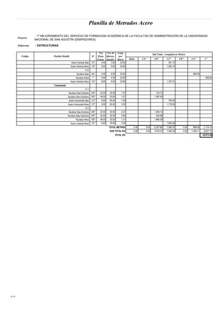 Planilla de Metrados Acero
Proyecto
Subpresup. : ESTRUCTURAS
8mm 1/4" 3/8" 1/2" 5/8" 3/4" 1"
: 1º MEJORAMIENTO DEL SERVICIO DE FORMACIÓN ACADÉMICA DE LA FACULTAD DE ADMINISTRACIÓN DE LA UNIVERSIDAD
NACIONAL DE SAN AGUSTÍN (DISIPADORES)
Codigo Partida Detalle Ø
Nro
Elem.
Estruc.
Nro de
Barras.
Iguales
Long
por
Barra
Sub Total - Longitud en Metros
Acero Vertical Alas 1/2" 8.00 3.00 20.90 501.72
Acero Vertical Alma 1/2" 8.00 9.00 20.90 1,505.15
P-2
Nucleos Alas 3/4" 4.00 8.00 20.90 668.95
Nucleos Alma 1" 8.00 4.00 20.90 668.95
Acero Vertical Alma 1/2" 8.00 8.00 20.90 1,337.91
Transversal
P-1
Nucleos Alas Estribos 3/8" 24.00 29.00 1.07 743.75
Nucleos Alma Estribos 3/8" 48.00 29.00 1.07 1,487.49
Acero Horizontal Alas 1/2" 8.00 65.00 1.50 782.50
Acero Horizontal Alma 1/2" 8.00 65.00 3.30 1,718.50
P-2
Nucleos Alas Estribos 3/8" 24.00 30.00 2.01 1,446.19
Nucleos Alas Ganchos 3/8" 24.00 30.00 0.90 645.98
Nucleos Alma 3/8" 48.00 30.00 1.31 1,884.38
Acero Vertical Alma 1/2" 8.00 78.00 2.50 1,563.00
TOTAL METROS 0.00 0.00 6,207.80 7,408.76 0.00 668.95 2,174.10
SUB TOTAL KG 0.00 0.00 3,476.37 7,364.30 0.00 1,495.11 8,637.70
TOTAL KG 20,973.48
P.7/7
 
