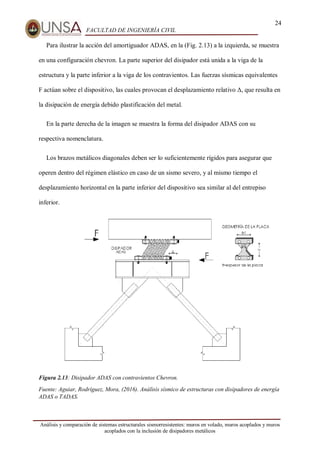 24
FACULTAD DE INGENIERÍA CIVIL
Análisis y comparación de sistemas estructurales sismorresistentes: muros en volado, muros acoplados y muros
acoplados con la inclusión de disipadores metálicos
Para ilustrar la acción del amortiguador ADAS, en la (Fig. 2.13) a la izquierda, se muestra
en una configuración chevron. La parte superior del disipador está unida a la viga de la
estructura y la parte inferior a la viga de los contravientos. Las fuerzas sísmicas equivalentes
F actúan sobre el dispositivo, las cuales provocan el desplazamiento relativo Δ, que resulta en
la disipación de energía debido plastificación del metal.
En la parte derecha de la imagen se muestra la forma del disipador ADAS con su
respectiva nomenclatura.
Los brazos metálicos diagonales deben ser lo suficientemente rígidos para asegurar que
operen dentro del régimen elástico en caso de un sismo severo, y al mismo tiempo el
desplazamiento horizontal en la parte inferior del dispositivo sea similar al del entrepiso
inferior.
Figura 2.13: Disipador ADAS con contravientos Chevron.
Fuente: Aguiar, Rodríguez, Mora, (2016). Análisis sísmico de estructuras con disipadores de energía
ADAS o TADAS.
 