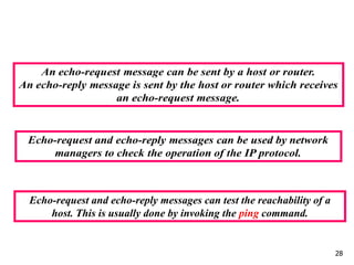 28
Echo-request and echo-reply messages can test the reachability of a
host. This is usually done by invoking the ping command.
 