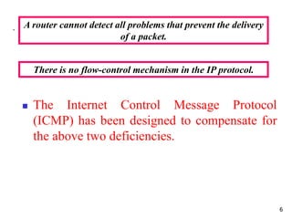 .
6
There is no flow-control mechanism in the IP protocol.
A router cannot detect all problems that prevent the delivery
of a packet.
 The Internet Control Message Protocol
(ICMP) has been designed to compensate for
the above two deficiencies.
 