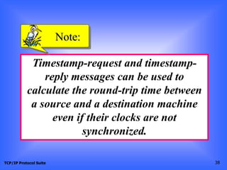 TCP/IP Protocol Suite 38
Timestamp-request and timestamp-
reply messages can be used to
calculate the round-trip time between
a source and a destination machine
even if their clocks are not
synchronized.
Note:
 
