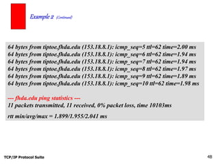 TCP/IP Protocol Suite 48
Example 2 (Continued)
64 bytes from tiptoe.fhda.edu (153.18.8.1): icmp_seq=5 ttl=62 time=2.00 ms
64 bytes from tiptoe.fhda.edu (153.18.8.1): icmp_seq=6 ttl=62 time=1.94 ms
64 bytes from tiptoe.fhda.edu (153.18.8.1): icmp_seq=7 ttl=62 time=1.94 ms
64 bytes from tiptoe.fhda.edu (153.18.8.1): icmp_seq=8 ttl=62 time=1.97 ms
64 bytes from tiptoe.fhda.edu (153.18.8.1): icmp_seq=9 ttl=62 time=1.89 ms
64 bytes from tiptoe.fhda.edu (153.18.8.1): icmp_seq=10 ttl=62 time=1.98 ms
--- fhda.edu ping statistics ---
11 packets transmitted, 11 received, 0% packet loss, time 10103ms
rtt min/avg/max = 1.899/1.955/2.041 ms
 