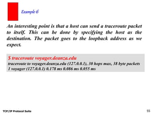 TCP/IP Protocol Suite 55
An interesting point is that a host can send a traceroute packet
to itself. This can be done by specifying the host as the
destination. The packet goes to the loopback address as we
expect.
Example 6
$ traceroute voyager.deanza.edu
traceroute to voyager.deanza.edu (127.0.0.1), 30 hops max, 38 byte packets
1 voyager (127.0.0.1) 0.178 ms 0.086 ms 0.055 ms
 