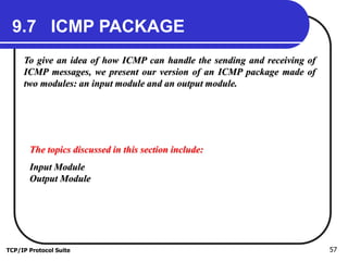 TCP/IP Protocol Suite 57
9.7 ICMP PACKAGE
To give an idea of how ICMP can handle the sending and receiving of
ICMP messages, we present our version of an ICMP package made of
two modules: an input module and an output module.
The topics discussed in this section include:
Input Module
Output Module
 
