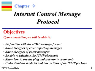 TCP/IP Protocol Suite 1
Chapter 9
Upon completion you will be able to:
Internet Control Message
Protocol
• Be familiar with the ICMP message format
• Know the types of error reporting messages
• Know the types of query messages
• Be able to calculate the ICMP checksum
• Know how to use the ping and traceroute commands
• Understand the modules and interactions of an ICMP package
Objectives
 