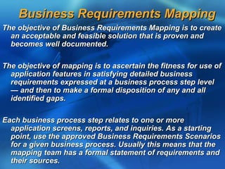 Business Requirements Mapping
The objective of Business Requirements Mapping is to create
  an acceptable and feasible solution that is proven and
  becomes well documented.

The objective of mapping is to ascertain the fitness for use of
  application features in satisfying detailed business
  requirements expressed at a business process step level
  — and then to make a formal disposition of any and all
  identified gaps.

Each business process step relates to one or more
  application screens, reports, and inquiries. As a starting
  point, use the approved Business Requirements Scenarios
  for a given business process. Usually this means that the
  mapping team has a formal statement of requirements and
  their sources.
 