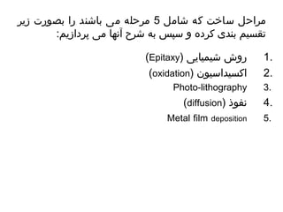 مراحل ساخت که شامل 5 مرحله می باشند را بصورت زیر 
تقسیم بندی کرده و سپس به شرح آنها می پردازیم: 
(Epitaxy) 1 روش شیمیایی . 
(oxidation) 2 اکسیداسیون . 
Photo-lithography 3. 
(diffusion) 4 نفوذ . 
Metal film deposition 5. 
 