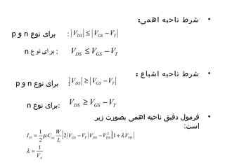 • شرط ناحیه اهامی: 
• شرط ناحیه اشباع : 
• فرمول دقیق ناحیه اهامی بصورت زیهر 
است: 
DS GS T p و n برای نوع : V £ V -V 
n برای نوع : VDS £ VGS -VT 
DS GS T V ³ V -V 
p و n : برای نوع 
DS GS T V ³ V -V 
n :برای نوع 
[ ( ) ][ ] 
I C W 
1 2 
= - - + 
D ox GS T DS DS DS 
A 
V 
V V V V V 
L 
1 
2 1 
2 
= 
l 
m l 
 