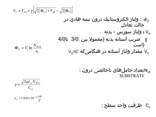 : ولتاژ الكتروستاتويك درون نيمه هاادي در 
حالت توعادل 
VSB : ولتاژ سورس - بدنه 
4/ 3 توا 0 / ضریهب آستانه بدنه (معمول بين : 0 ɣ 
(است 
V T0 VSB= مقدار ولتاژ آستانه در هانگام یکه : 0 
NSUB توعداد حامل هاای ناخالصی درون : 
SUBSTRATE 
Cox ظرفيت واحد سطح : 
[ ] T T F SB F V = V + 2 F +V - 2 F 0 g 
SUB 
F t n 
i 
F = V ln N 
qe N 
si SUB 
C 
ox 
g 
2 
= 
cm 
F 
e = 1.036´10-12 
si 
FF 
 