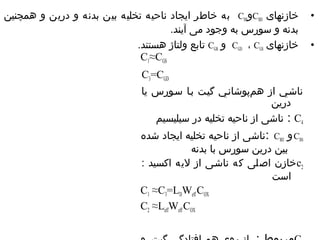 به خاطر ایجاد ناحیه تخلیه بین بدنه و درین و همچنین CBS وCBD • خازنهای 
بدنه و سورس به وجود می آیند. 
تابع ولتاژ هستند. CGB و CGD ، CGS • خازنهای 
C1≈CGS 
C3=CGD 
ناشصي از هم پوشانصي گيصت بصا سصورس يا 
درين 
C4 : ناشی از ناحیه تخلیه در سیلیسیم 
Cن اشی از ناحیه تخلیه ایجاد شده : CBD و BS 
بین درین سورس با بدنه 
c2 خازن اصلی که ناشصی از لیه اکسید : 
است 
C1 ≈C3=LDWeff COX 
C2 ≈LeffWeff COX 
C5 مربوط : از روي هم افتادگي گيت و 
 