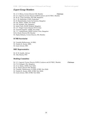 ICMR – DBT Guidelines for stem Cell Research and Therapy Draft not to be quoted
14
Expert Group Members
Dr. A. N. Bhisey, Former Director CRI, Mumbai Chairman
Dr. S. S. Agarwal, Former Director SGPGI,Luknow and ACTREC, Mumbai
Dr. M. R. S. Rao, President, JNCASR, Bangalore
Dr. C. M. Habibullah, CLRD, Hyderabad
Dr. H. Sharatchandra, Centre for Genetics, Bangalore
Dr. N.K. Mehra, AIIMS, New Delhi
Dr. P.B. Seshagiri, IISc, Bangalore
Dr. Satish Totey, MAHE Hospital, Bangalore
Dr. U.V. Wagh, Former Director NCCS, Pune
Dr. Vinod Kochupillai, AIIMS, New Delhi
Dr. T. C. Anand Kumar, HOPE Fertility Clinic, Bangalore
Dr K. Ghosh, Director IIH, Mumbai
Dr. Dipika Mohanty, Former Director, IIH, Mumbai
ICMR Secretariat
Dr. Vasantha Muthuswamy, Sr DDG
Dr. Nandini K. Kumar, DDG
Dr. Geeta Jotwani, SRO
DBT Representative
Dr. B. M. Gandhi, Advisor
Dr. Alka Sharma, PSO
Drafting Committee
Dr. S. S. Agarwal, Former Director SGPGI, Lucknow and ACTREC, Mumbai Chairman
Dr. P. B. Seshagiri, IISc, Bangalore
Dr. N. K. Mehra, AIIMS, New Delhi
Dr. K. Ghosh, Director IIH, Mumbai
Dr. Vasantha Muthuswamy, Sr DDG, ICMR, New Delhi
Dr. Nandini K. Kumar, DDG, ICMR, New Delhi
Dr. Geeta Jotwani, SRO, ICMR, New Delhi
 