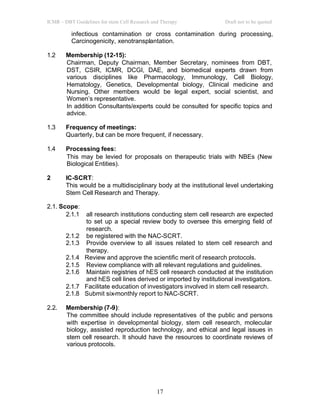 ICMR – DBT Guidelines for stem Cell Research and Therapy Draft not to be quoted
17
infectious contamination or cross contamination during processing,
Carcinogenicity, xenotransplantation.
1.2 Membership (12-15):
Chairman, Deputy Chairman, Member Secretary, nominees from DBT,
DST, CSIR, ICMR, DCGI, DAE, and biomedical experts drawn from
various disciplines like Pharmacology, Immunology, Cell Biology,
Hematology, Genetics, Developmental biology, Clinical medicine and
Nursing. Other members would be legal expert, social scientist, and
Women’s representative.
In addition Consultants/experts could be consulted for specific topics and
advice.
1.3 Frequency of meetings:
Quarterly, but can be more frequent, if necessary.
1.4 Processing fees:
This may be levied for proposals on therapeutic trials with NBEs (New
Biological Entities).
2 IC-SCRT:
This would be a multidisciplinary body at the institutional level undertaking
Stem Cell Research and Therapy.
2.1. Scope:
2.1.1 all research institutions conducting stem cell research are expected
to set up a special review body to oversee this emerging field of
research.
2.1.2 be registered with the NAC-SCRT.
2.1.3 Provide overview to all issues related to stem cell research and
therapy.
2.1.4 Review and approve the scientific merit of research protocols.
2.1.5 Review compliance with all relevant regulations and guidelines.
2.1.6 Maintain registries of hES cell research conducted at the institution
and hES cell lines derived or imported by institutional investigators.
2.1.7 Facilitate education of investigators involved in stem cell research.
2.1.8 Submit six-monthly report to NAC-SCRT.
2.2. Membership (7-9):
The committee should include representatives of the public and persons
with expertise in developmental biology, stem cell research, molecular
biology, assisted reproduction technology, and ethical and legal issues in
stem cell research. It should have the resources to coordinate reviews of
various protocols.
 