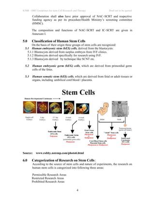 ICMR – DBT Guidelines for stem Cell Research and Therapy Draft not to be quoted
4
Collaboration shall also have prior approval of NAC-SCRT and respective
funding agency as per its procedure/Health Ministry’s screening committee
(HMSC).
The composition and functions of NAC-SCRT and IC-SCRT are given in
Annexure I.
5.0 Classification of Human Stem Cells
On the basis of their origin three groups of stem cells are recognized:
5.1 Human embryonic stem (hES) cells, derived from the blastocysts:
5.1.1 Blastocysts derived from surplus embryos from IVF clinics.
5.1.2 Blastocysts derived specifically for research using IVF.
5.1.3 Blastocysts derived by technique like SCNT etc.
5.2 Human embryonic germ (hEG) cells, which are derived from primordial germ
cells of the fetus.
5.3 Human somatic stem (hSS) cells, which are derived from fetal or adult tissues or
organs, including umbilical cord blood / placenta.
Source: www.robby.nstemp.com/photo6.html
6.0 Categorization of Research on Stem Cells:
According to the source of stem cells and nature of experiments, the research on
human stem cells is categorized into following three areas:
Permissible Research Areas
Restricted Research Areas
Prohibited Research Areas
 
