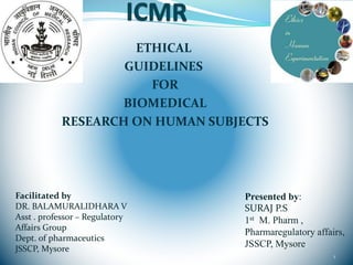 ETHICAL
GUIDELINES
FOR
BIOMEDICAL
RESEARCH ON HUMAN SUBJECTS
Presented by:
SURAJ P.S
1st M. Pharm ,
Pharmaregulatory affairs,
JSSCP, Mysore.
1
Facilitated by
DR. BALAMURALIDHARA V
Asst . professor – Regulatory
Affairs Group
Dept. of pharmaceutics
JSSCP, Mysore
 