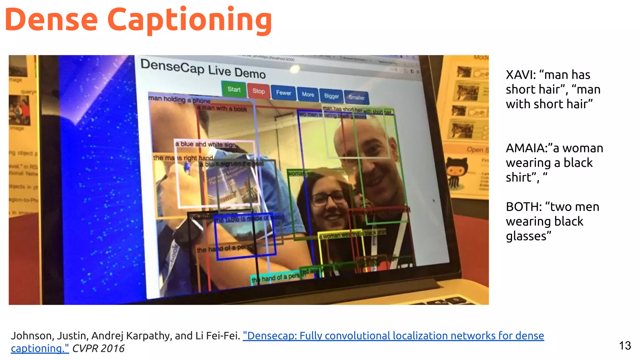 13 XAVI: “man has short hair”, “man with short hair” AMAIA:”a woman wearing a black shirt”, “ BOTH: “two men wearing black glasses” Johnson, Justin, Andrej Karpathy, and Li Fei-Fei. "Densecap: Fully convolutional localization networks for dense captioning." CVPR 2016 Dense Captioning 