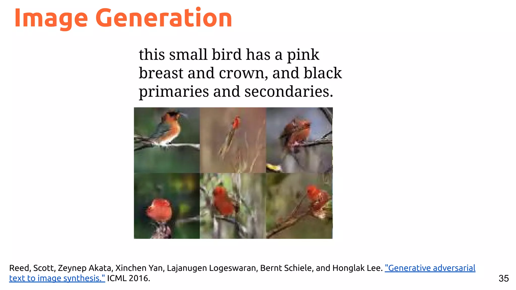 35 Reed, Scott, Zeynep Akata, Xinchen Yan, Lajanugen Logeswaran, Bernt Schiele, and Honglak Lee. "Generative adversarial text to image synthesis." ICML 2016. Image Generation 