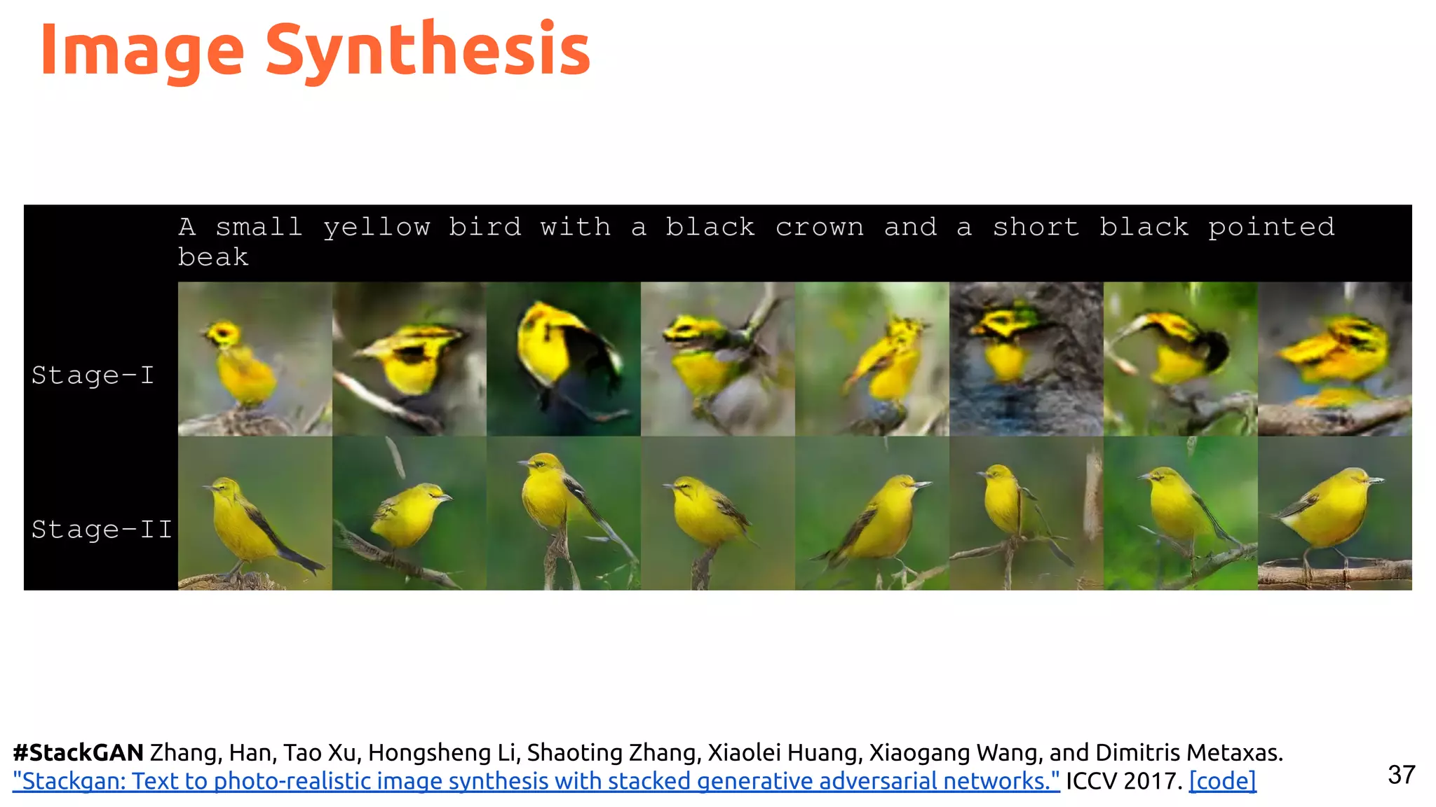 37 Image Synthesis #StackGAN Zhang, Han, Tao Xu, Hongsheng Li, Shaoting Zhang, Xiaolei Huang, Xiaogang Wang, and Dimitris Metaxas. "Stackgan: Text to photo-realistic image synthesis with stacked generative adversarial networks." ICCV 2017. [code] 