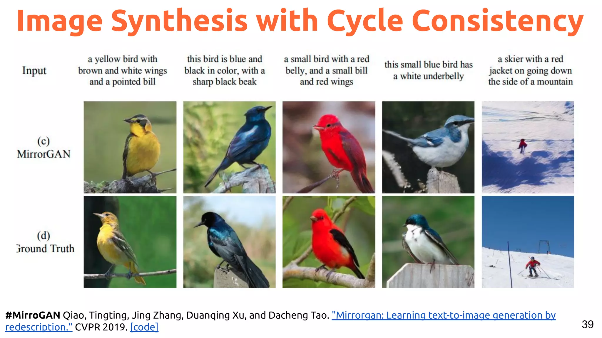 39 Image Synthesis with Cycle Consistency #MirroGAN Qiao, Tingting, Jing Zhang, Duanqing Xu, and Dacheng Tao. "Mirrorgan: Learning text-to-image generation by redescription." CVPR 2019. [code] 