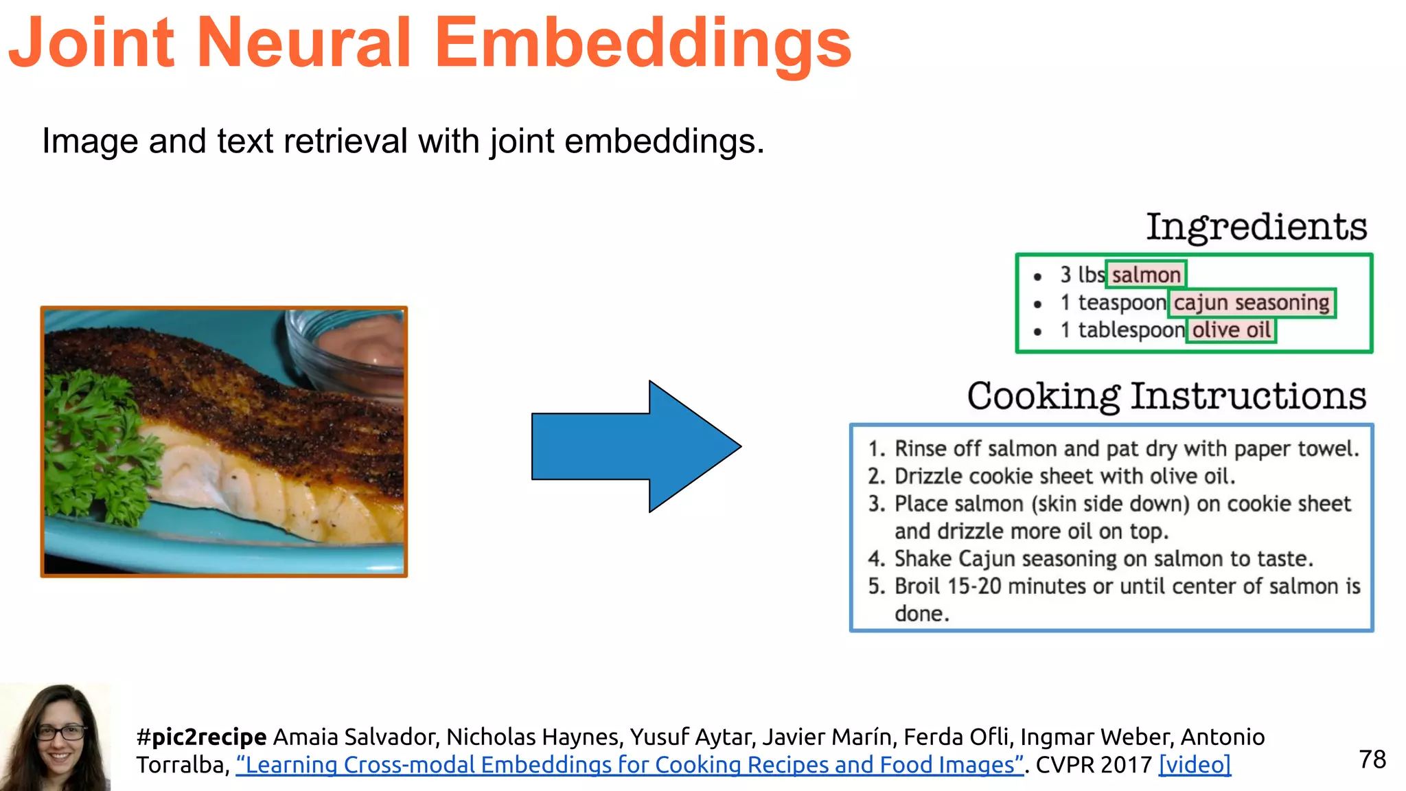 78 Image and text retrieval with joint embeddings. Joint Neural Embeddings #pic2recipe Amaia Salvador, Nicholas Haynes, Yusuf Aytar, Javier Marín, Ferda Oﬂi, Ingmar Weber, Antonio Torralba, “Learning Cross-modal Embeddings for Cooking Recipes and Food Images”. CVPR 2017 [video] 