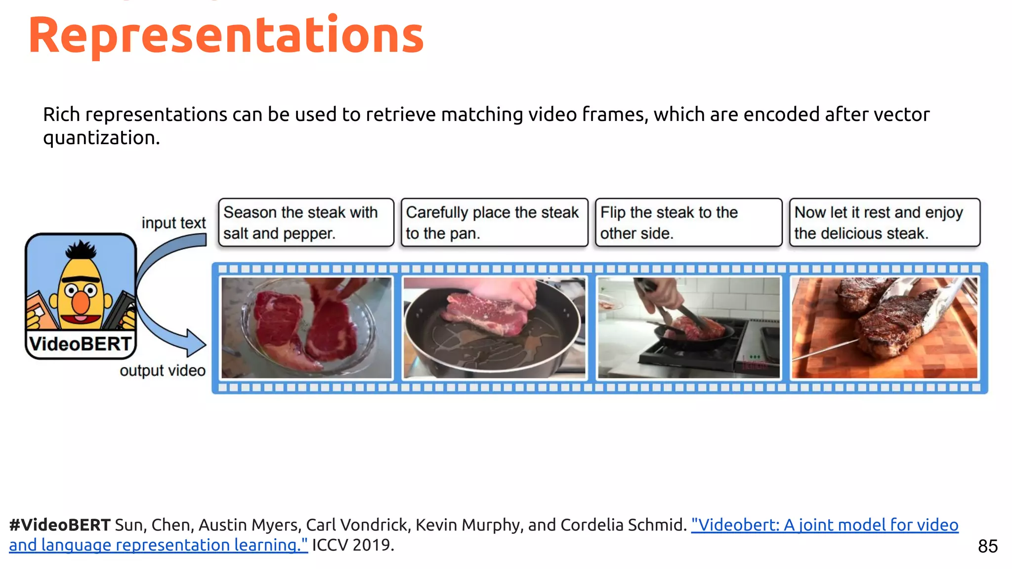 85 Representations #VideoBERT Sun, Chen, Austin Myers, Carl Vondrick, Kevin Murphy, and Cordelia Schmid. "Videobert: A joint model for video and language representation learning." ICCV 2019. Rich representations can be used to retrieve matching video frames, which are encoded after vector quantization. 