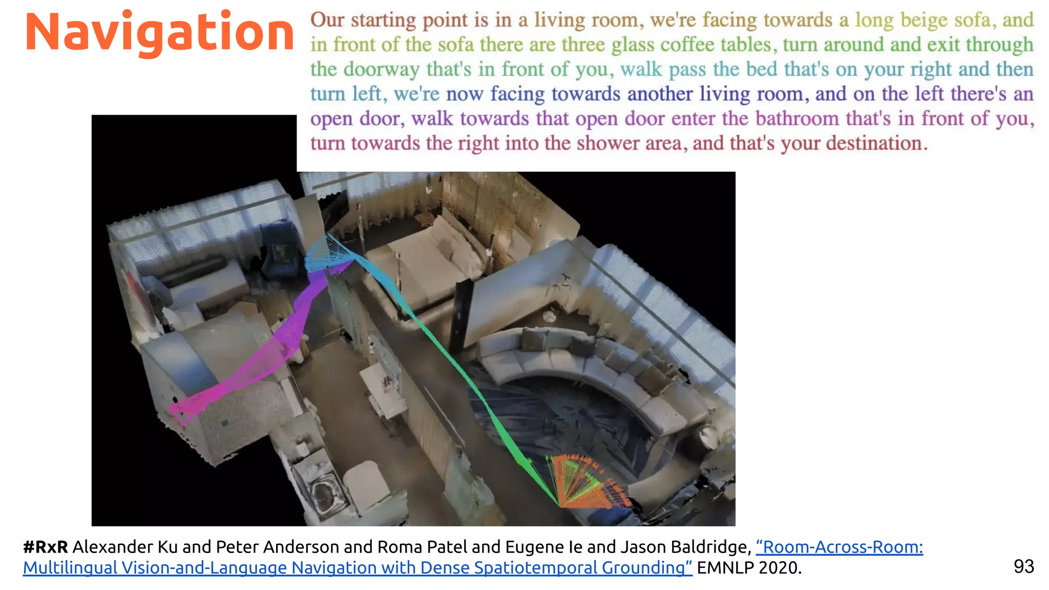 93 Navigation #RxR Alexander Ku and Peter Anderson and Roma Patel and Eugene Ie and Jason Baldridge, “Room-Across-Room: Multilingual Vision-and-Language Navigation with Dense Spatiotemporal Grounding” EMNLP 2020. 