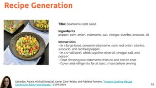 15
Recipe Generation
Title: Edamame corn salad
Ingredients
pepper, corn, onion, edamame, salt, vinegar, cilantro, avocado, oil
Instructions
- In a large bowl, combine edamame, corn, red onion, cilantro,
avocado, and red bell pepper.
- In a small bowl, whisk together olive oil, vinegar, salt, and
pepper.
- Pour dressing over edamame mixture and toss to coat.
- Cover and refrigerate for at least 1 hour before serving.
Salvador, Amaia, Michal Drozdzal, Xavier Giro-i-Nieto, and Adriana Romero. "Inverse Cooking: Recipe
Generation from Food Images." CVPR 2019.
 